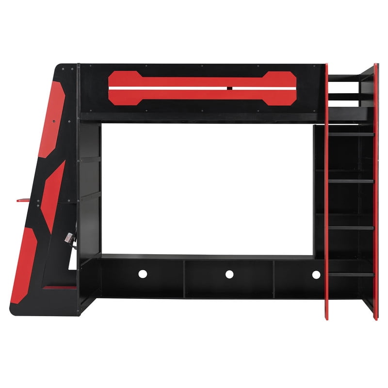 Twin Size Gaming Loft Bed with Desk and RGB LED Light, Wooden Loft Bed Frame with Workstation and Storage Shelves for Bedroom, Dorm Room
