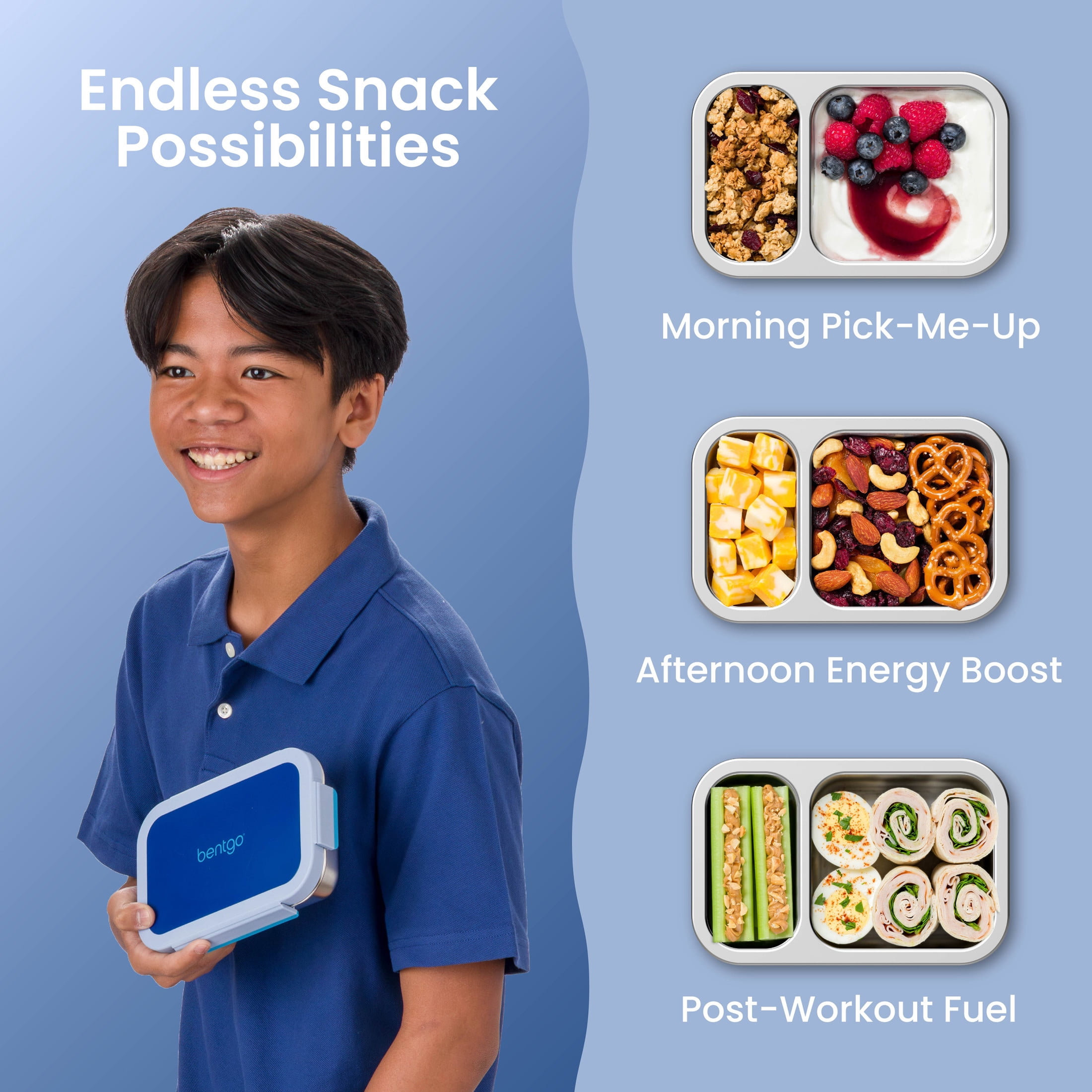 Bentgo Stainless Steel Snack Box - Leak-Proof, 2 Compartments, 2-Cup Capacity, Ideal for Kids 3+, Teens & Adults, Durable, Reusable (Navy)