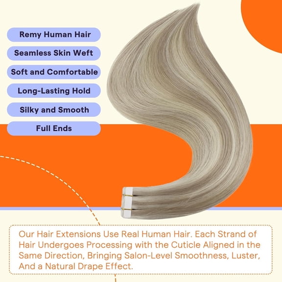 WEIF-Full Shine Tape in Hair Extensions Human Hair 18 Ash Blonde Highlight 613 Blonde Double Sided Tape Extensions 12 Inch Invisible Straight Hair Extensions Tape Ins 30G 20Pcs Extensions for Wome