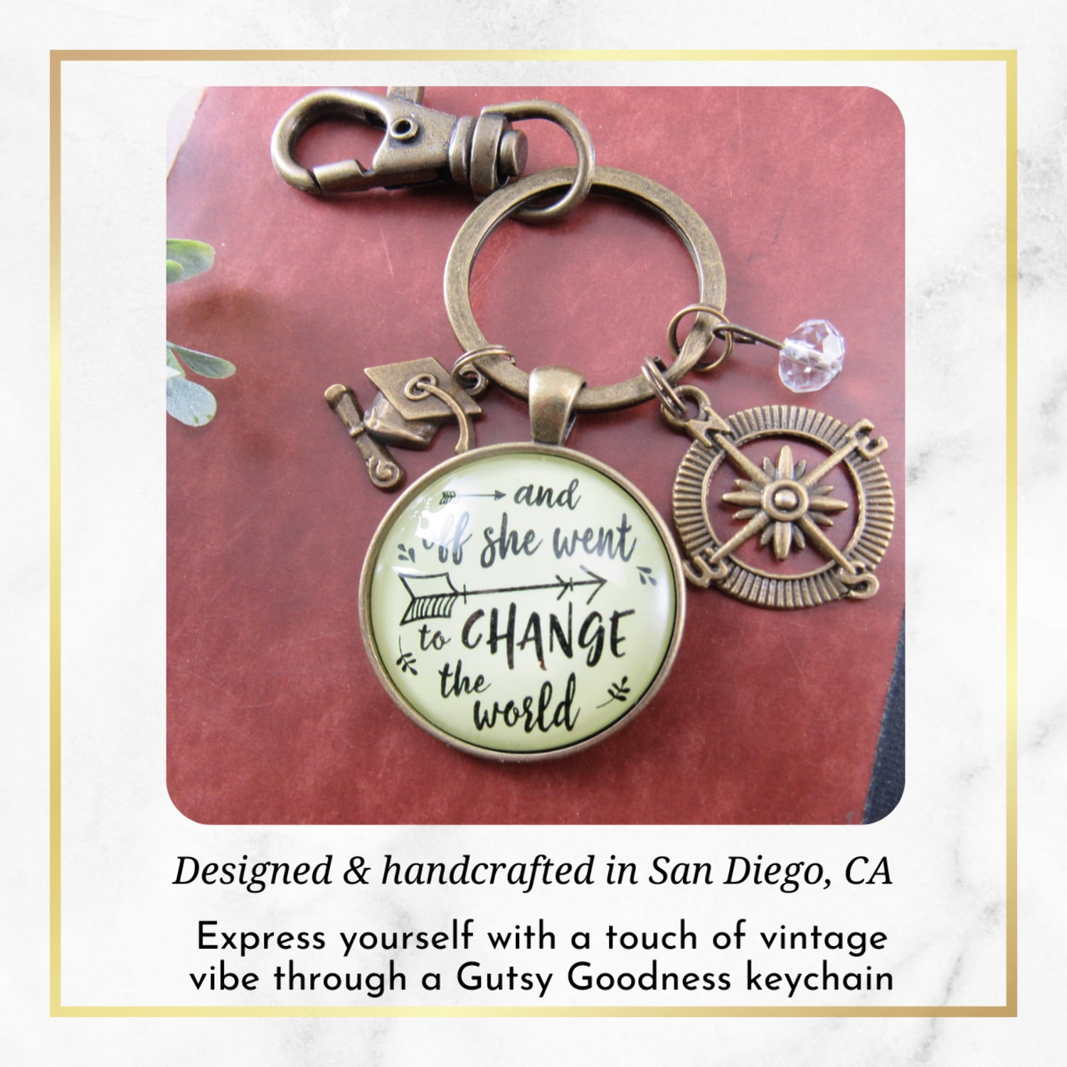 And Off She Went to Change the World Graduation Gutsy Goodness Bronze Keychain Compass Charm Womens Jewelry