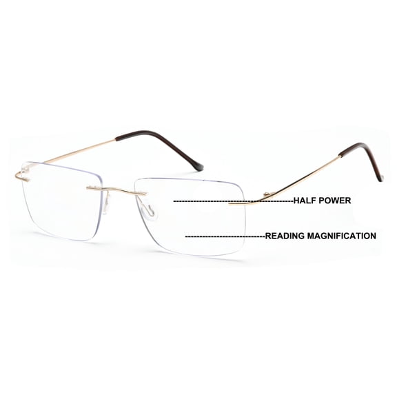 Men Progressive No Line Multifocus Rimless Metal Reading Glasses – Tri-Focal Reader - Half Power On Top  1.25