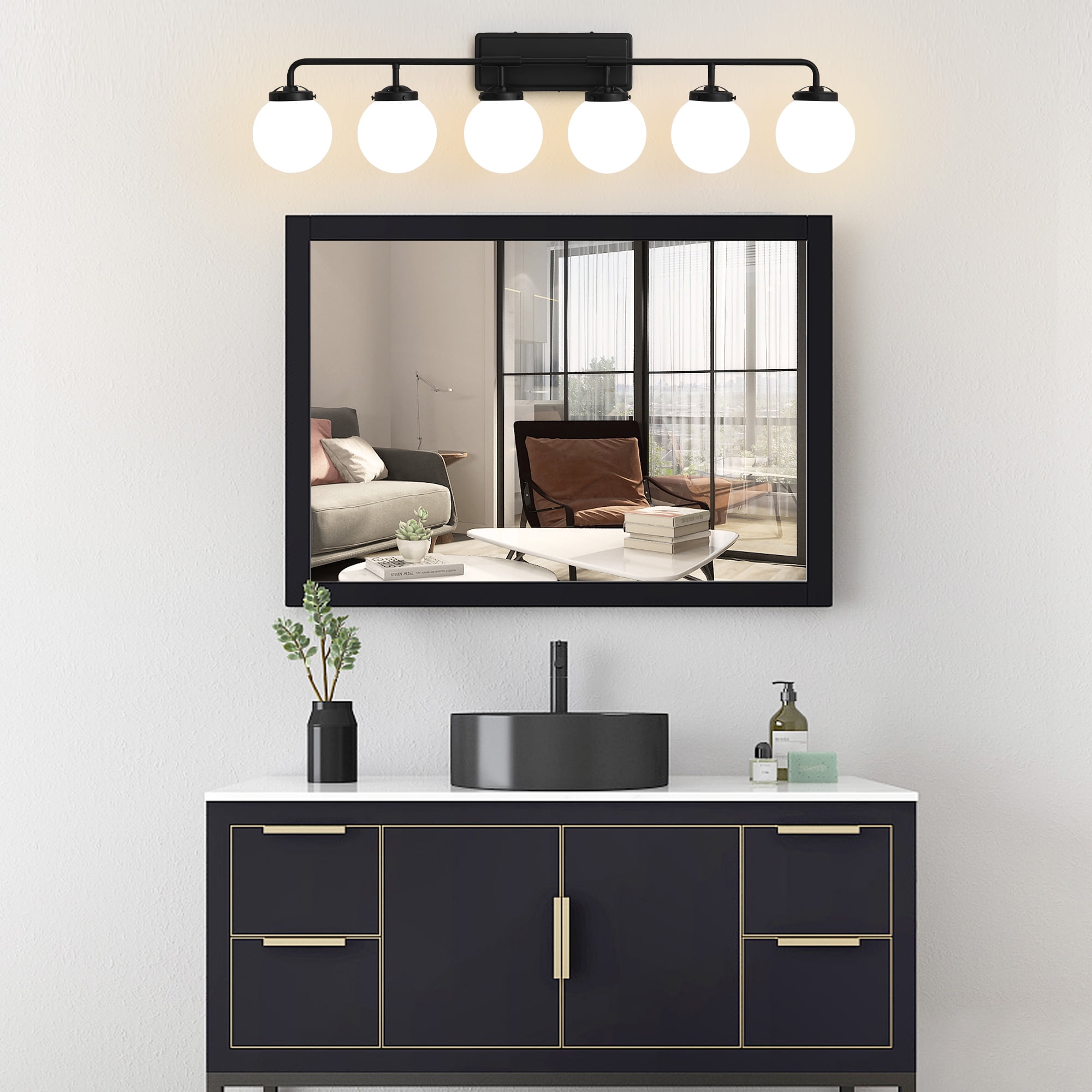 Deyidn 6-Light Modern Vanity Light, Black Bathroom Light Fixture with Milk White Glass Globes, 45 Inch Bathroom Wall Sconce for Mirror