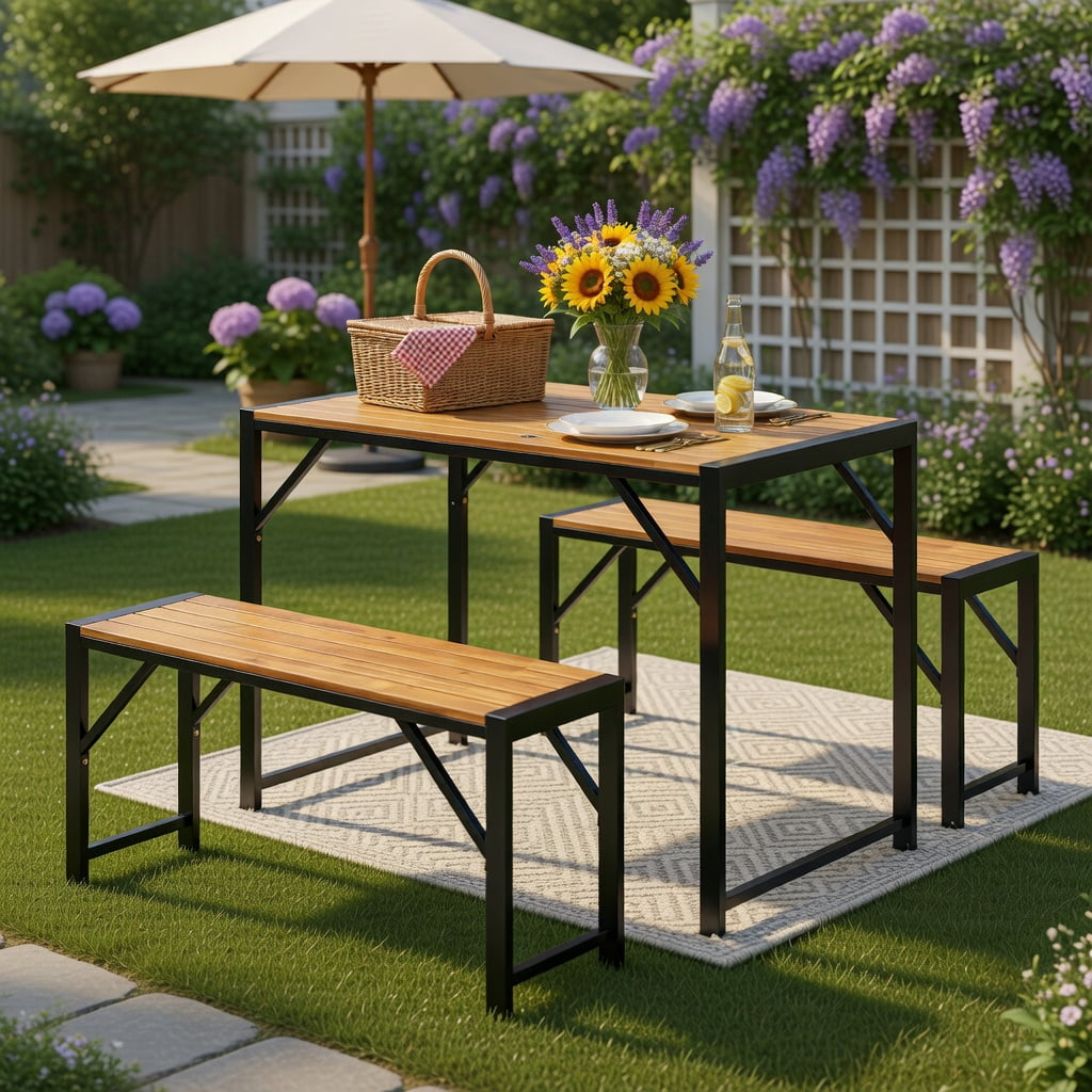 Hommoo 3-Piece Acacia Wood Patio Dining Set, Picnic Table & 2 Benches for 4, Outdoor Furniture with Heavy-Duty Metal Frame, Black & Natural