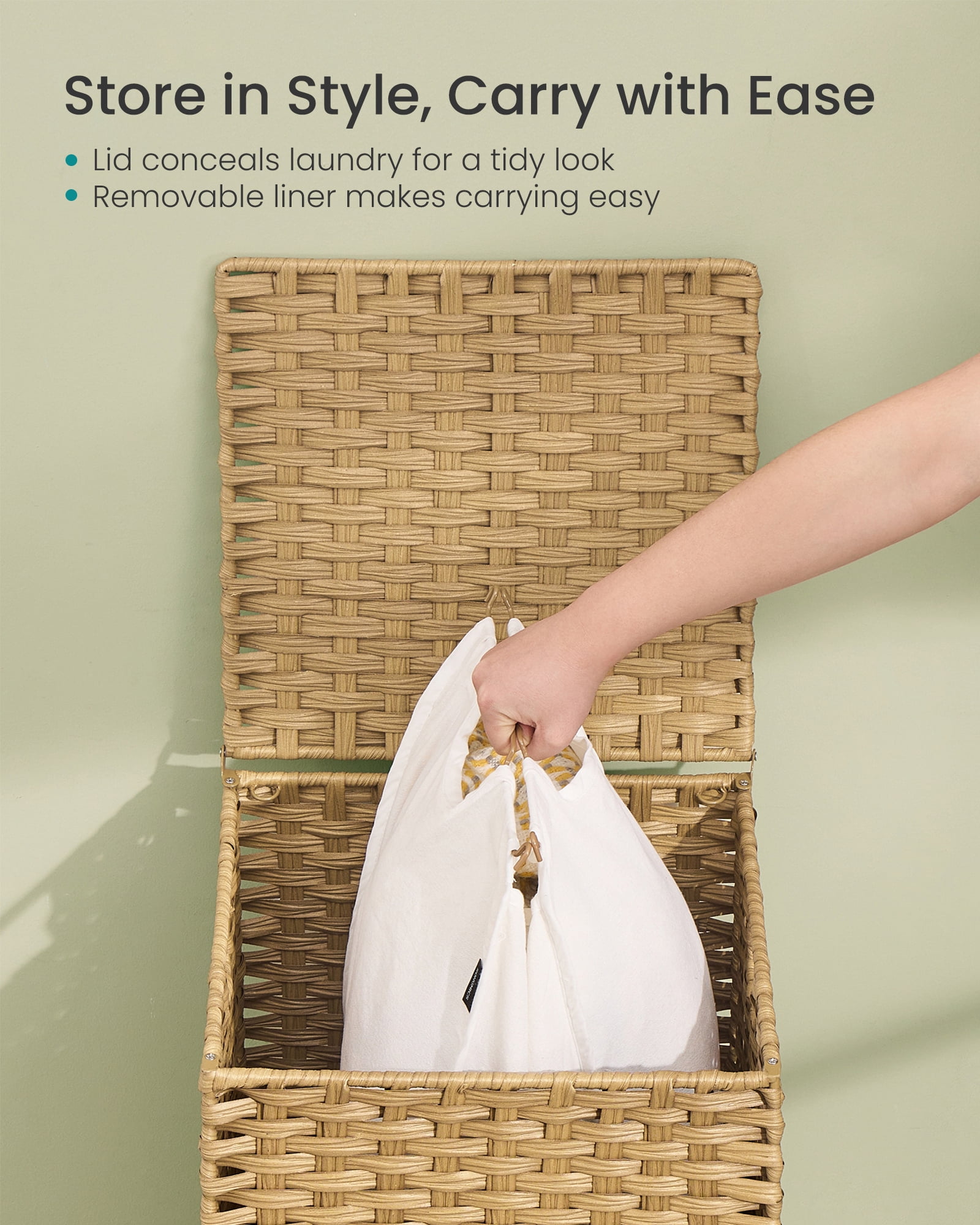 SONGMICS Laundry Hamper with Lid, PE Rattan,with Removable Liner, Storage Basket for Bedroom Living Room, 25 Gallons (95 L), Goose Yellow