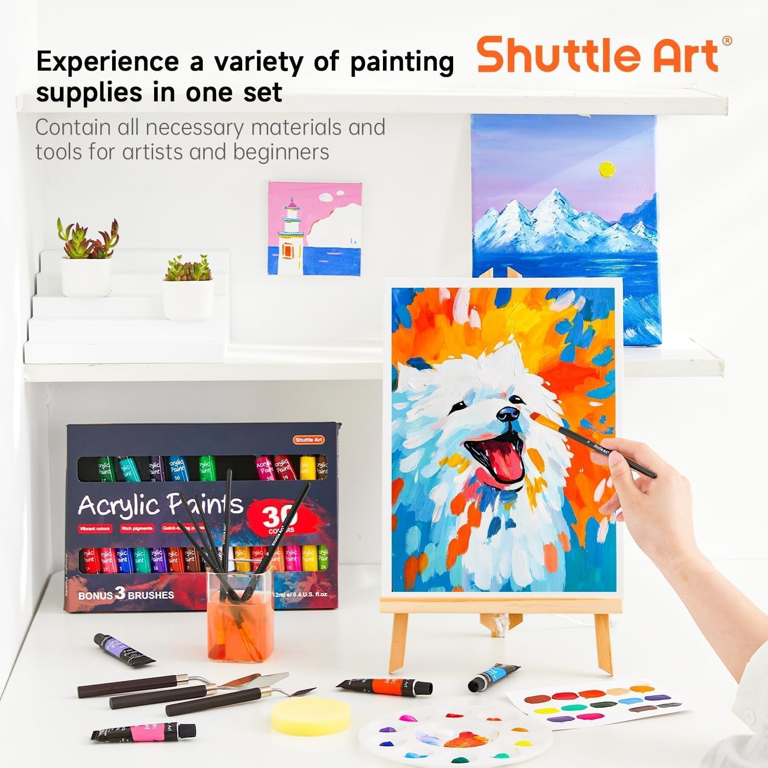 Shuttle Art 54 Pack Acrylic Paint Set, Acrylic Painting Set with 30 Colors Acrylic Paint, Wooden Easel, Painting Canvas, Paint Brushes, Palette, Art Painting Supplies for Adults Beginner Artists