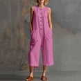 thumbnail image 2 of Guluxicc Women's Linen Capri Jumpsuit Crewneck Sleeveless Button down Loose Wide Leg Jumpsuits Summer Casual Beach Vacation Outfits, 2 of 6