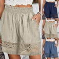 thumbnail image 2 of Ladies Shorts Summer Solid Boho Cutout Design Casual Linen Shorts High Waist Wide Leg Shorts Beach Vacation Ready Women Running Shorts Khaki XL, 2 of 7
