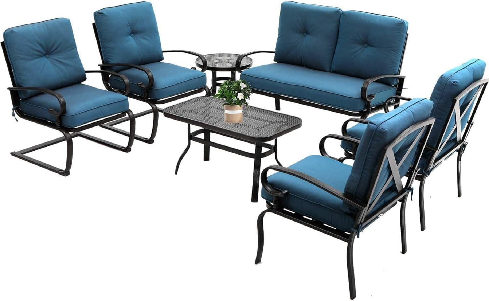 SOLAURA 7-Piece Patio Furniture Outdoor Metal Conversation Set (2 Spring Chairs, 2 Patio Chairs, Loveseat with Coffee Table and Side Table) - Peacock Blue