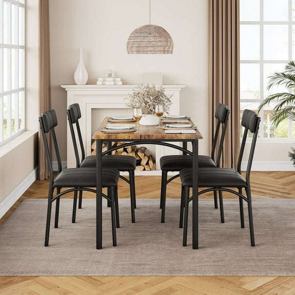 Kitchen 4 Upholstered Chairs Room Set, Rectangular Dining Table for Small Space,Apartment, Retro Brown