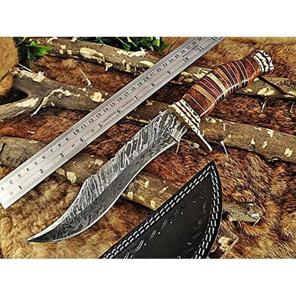 12.5" Long hand forged Damascus steel Hunting Bowie Knife, sliced Rose Wood With engraved Brass cap and finger guard, Cow Leather sheath