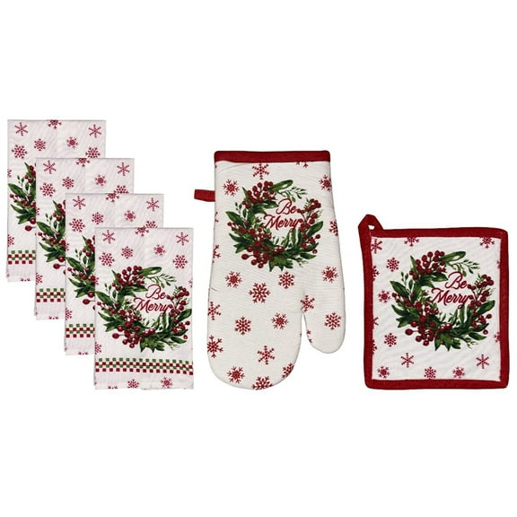 Poinsettia Flower Wreath, Berries, Snowflakes with be Merry, 6 Pack Holiday Season Kitchen Towel Sets, 4 Kitchen Towels, Pot Holder  Oven mitt.