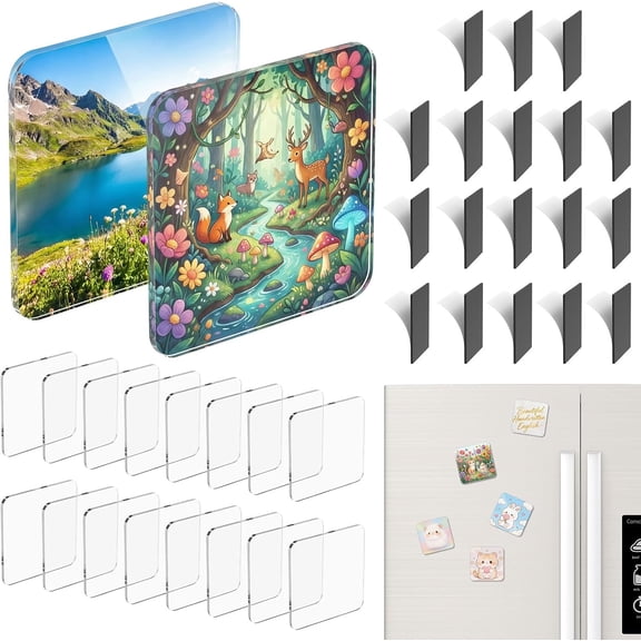 18Pcs Clear Acrylic DIY Fridge Magnet Set Small Picture Frame for Photo 2 Inch Square Adhesive Backing Magnets Photo Frame for Office Classroom Party Home Decoration