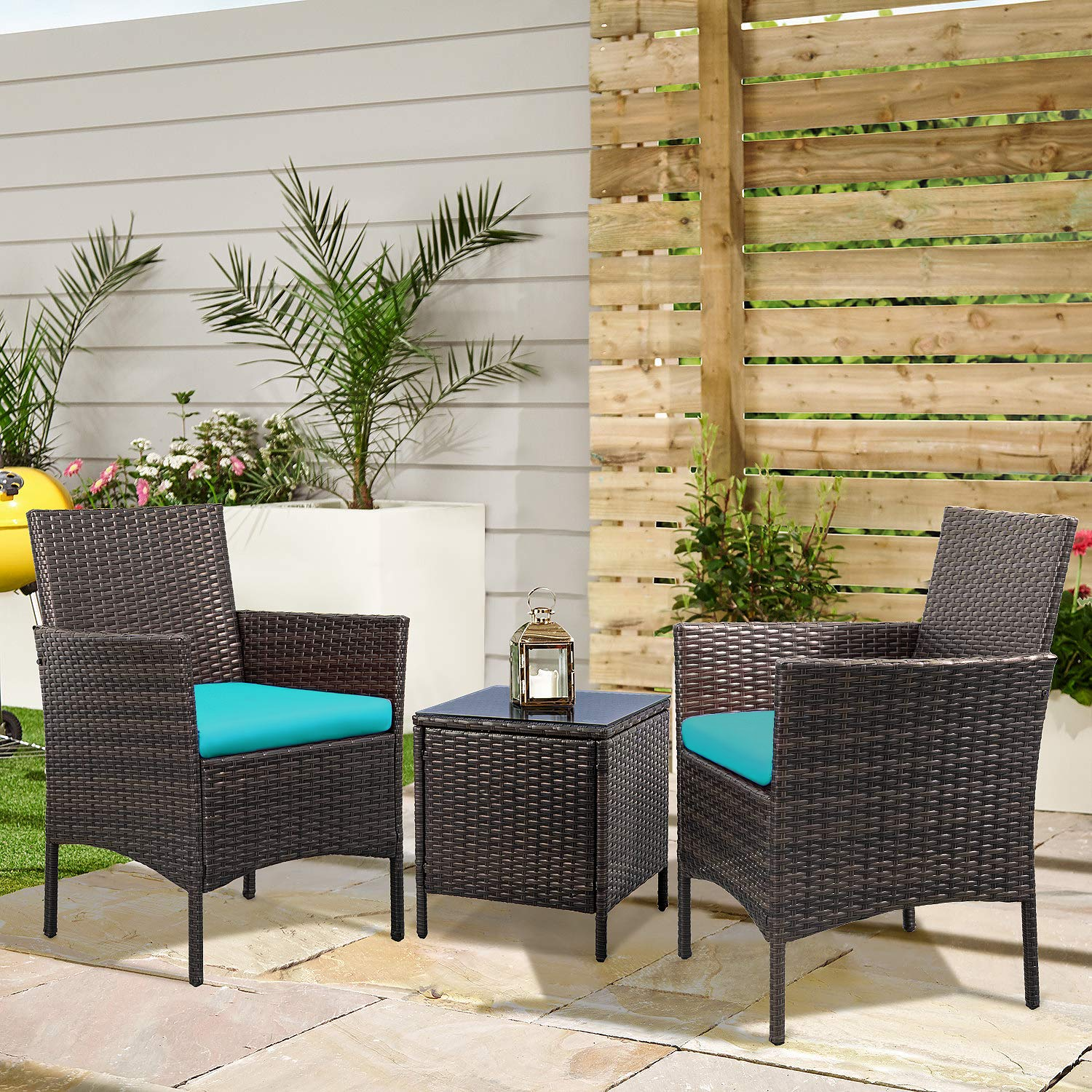Lacoo 3 Pieces Outdoor Patio Furniture PE Rattan Wicker Table and Chairs Set Bar Set with Cushioned Tempered Glass (Brown / Blue) - image 4 of 7