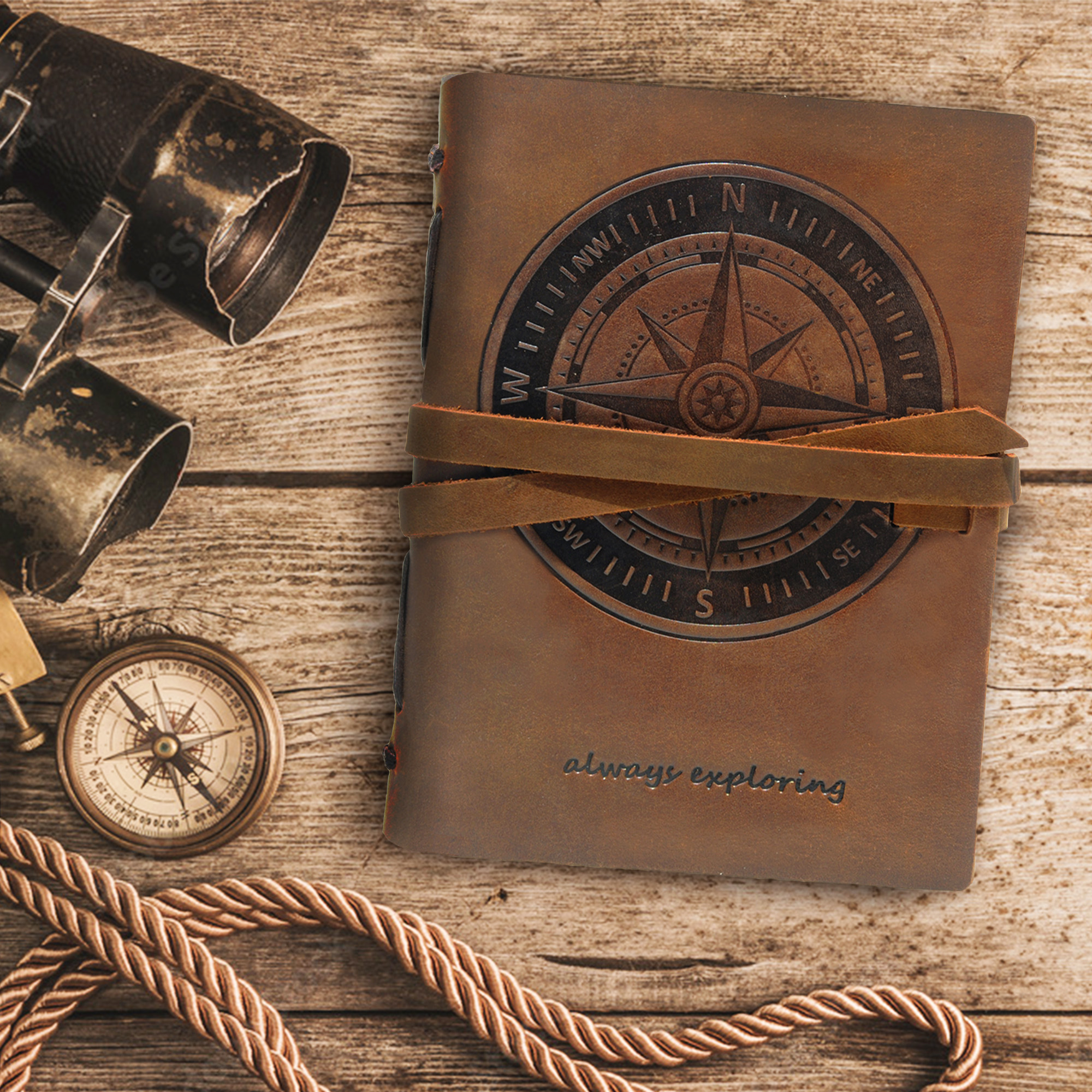 Leather Bound Journal for Men and Women, Handmade Gift Set with Nautical Compass Embossed Journal and Stylish Pen, Vintage and Classic, Notebook, Sketchbook, Planner and Diary (300 Pages) (8x6")