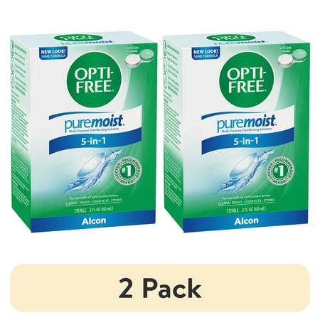 (2 pack) OPTI-FREE Puremoist All Day Comfort Contact Lens Cleaning Solution Trial Kit for Daily Use, 2 fl oz
