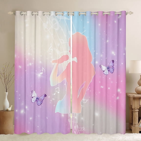 Erosebridal Girl Musician Silhouette Curtains and Drapes(42x63),Purple Cartoon Animal Butterfly BlackoutCurtains for Bedroom,Musical Notes Curtains Pack of 2(42x63),Microfiber Bedroom Decor