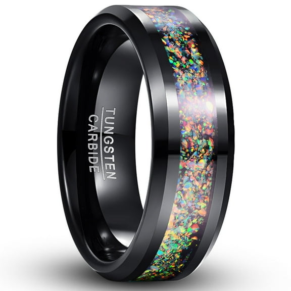 8mm Unisex Black Tungsten Rings Inlaid with Crushed Created-Opal Wedding Engagement Band