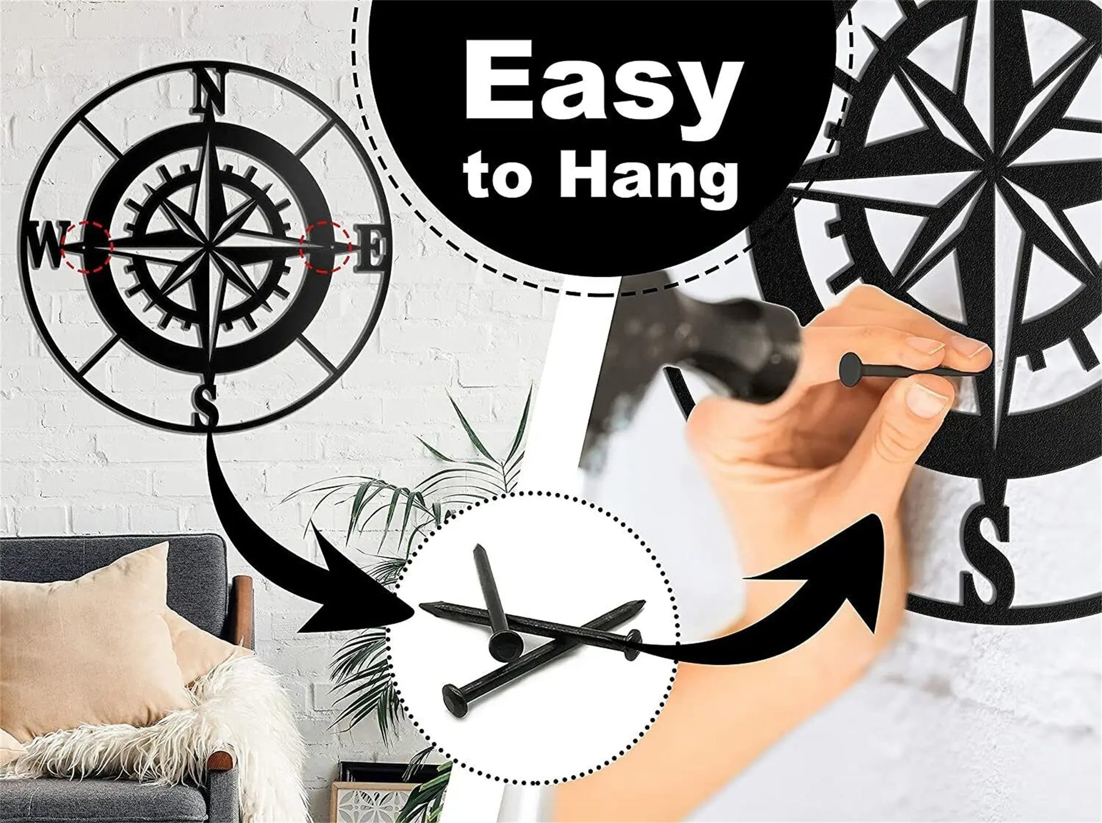 11.5in /13in Iron Crafts, Nautical Compass Wall Decor –Black Metal Compass Outdoor Wall Art Nautical Decor