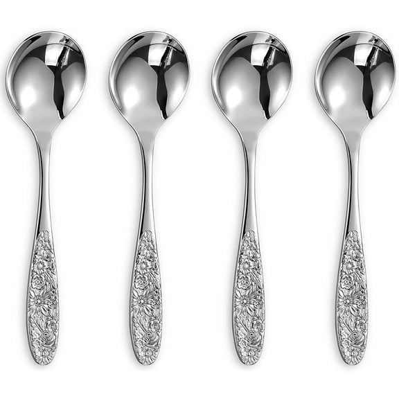 Sunflower Soup Spoon, Set of 4, 18/10 Stainless Steel, Bouillon Spoon, Dishwasher Safe, Fine Mirror Polished