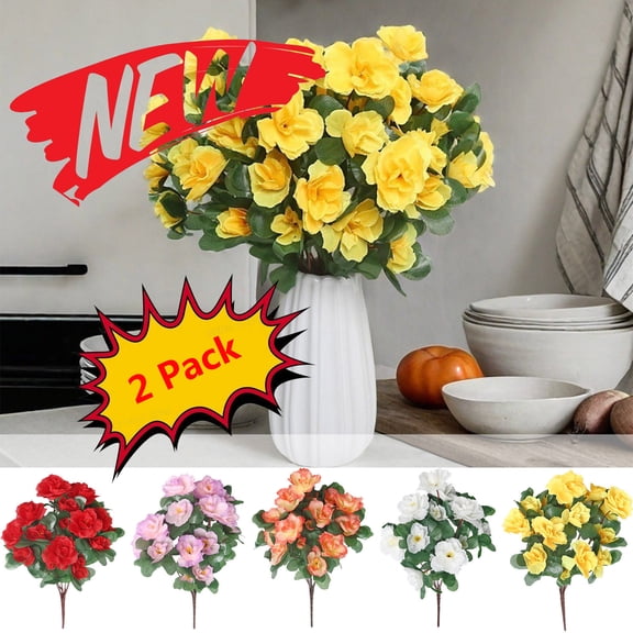 KOYPTL 2 Bouquet Artificial Flower for Outdoor & Indoor, Silk Flower Faux Azalea Flower, UV Resistant Garden Plants Bush Fake Flowers for Home Wedding Party Patio Decorations (Purple)