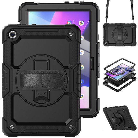 Case for Lenovo Tab M10 3rd Gen 10.1 inch 2022 with Screen Protector, 360 Degree Rotating Kickstand Hand Strap Heavy Duty Shockproof Cover with Shoulder Strap, Black