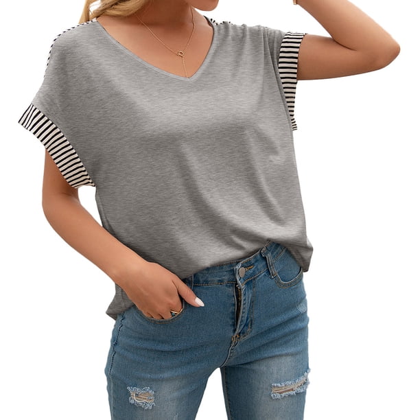 Qarigey Camisa de manga corta con cuello en V y estampado de rayas para mujer Prendas para la parte del cuerpo Gris S Qarigey AP001320-01