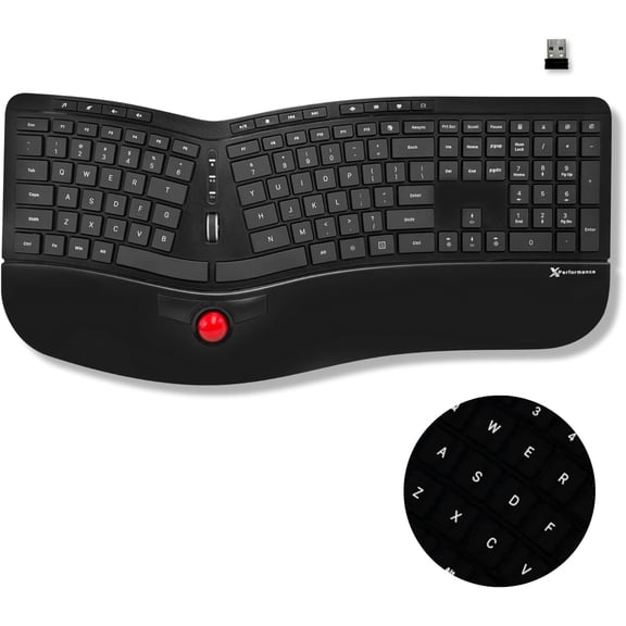 X9 Performance Ergonomic Wireless Keyboard with Trackball - Rechargeable, Backlit, Built in Mouse Buttons - 2.4G Split Keyboard Wireless for Windows PC and Chrome - All in One Typing Solution