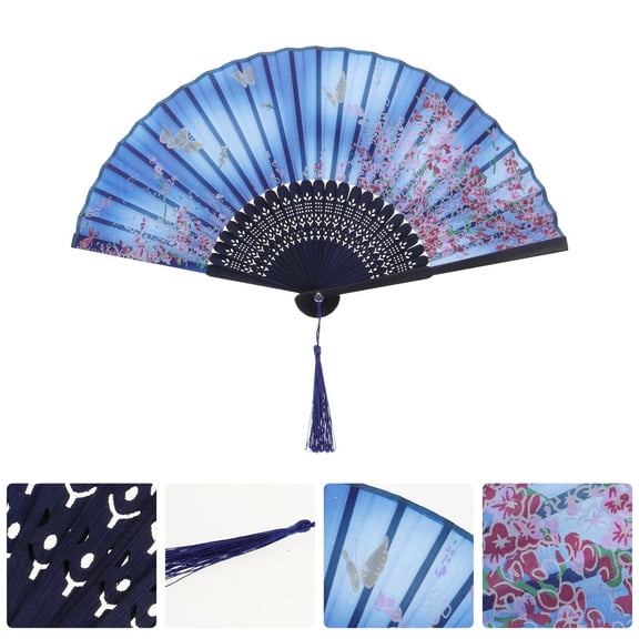 MEIBUTYUP Vintage Folding Hand Fan Cloth and Wood, Lightweight Portable Fan for Women and Men, 1 Piece