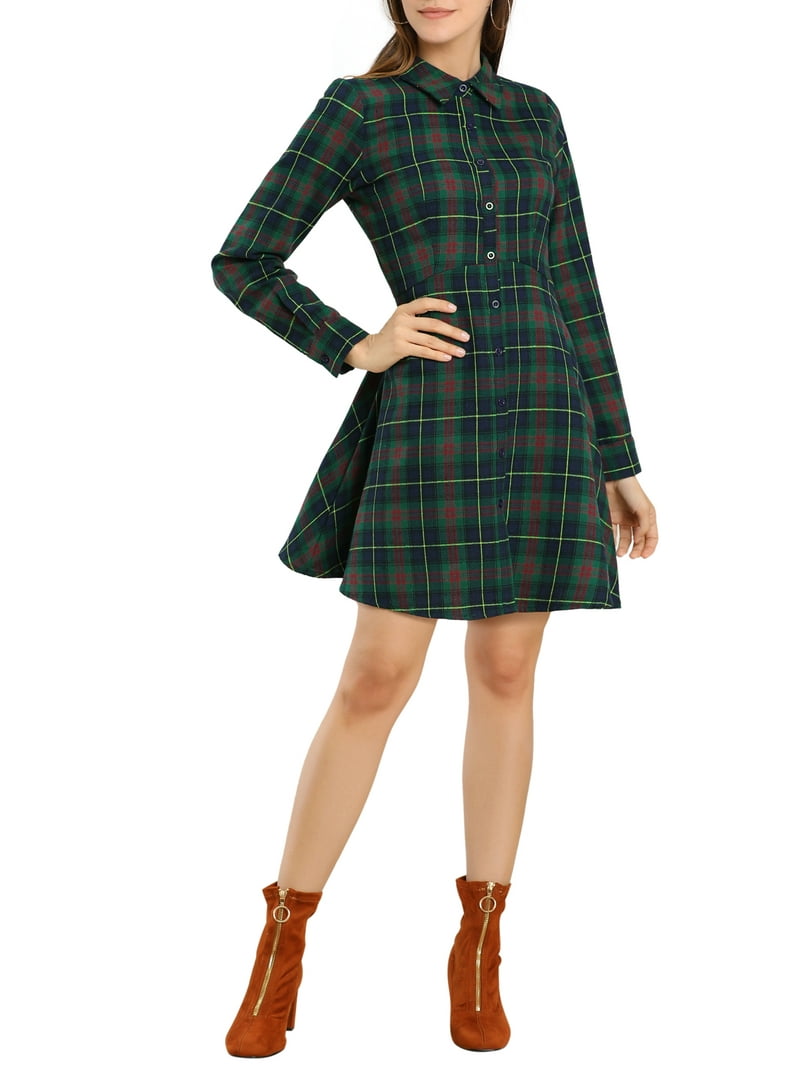 Unique Bargains Women's Plaid Point Collar Long Sleeve Cotton Shirt Dress - Walmart.com Unique Bargains Women's Plaid Point Collar Long Sleeve Cotton Shirt Dress - Walmart.com
