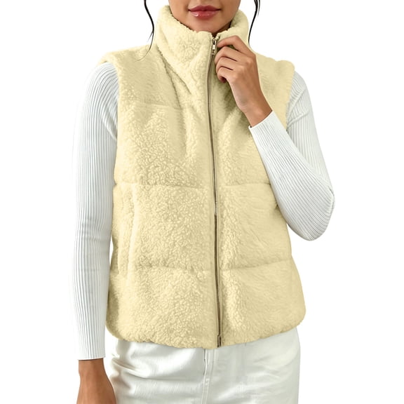 Women Fuzzy Fleece Vest Stand Collar Zip up Sleeveless Short Waistcoat Soft Warm Casual Gilet Fall Winter Daily Loungewear Outerwear Beige S
