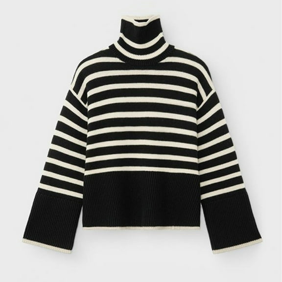 1pcs striped turtleneck sweater--light bottom with black stripes