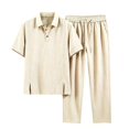 thumbnail image 4 of Cagogo Men's Plus Size 2 Piece Outfits Collared Short Sleeve Shirt Wide Leg Pants Casual Sets Solid Lounge Matching Suits Travel Vacation, Khaki XL, 4 of 5