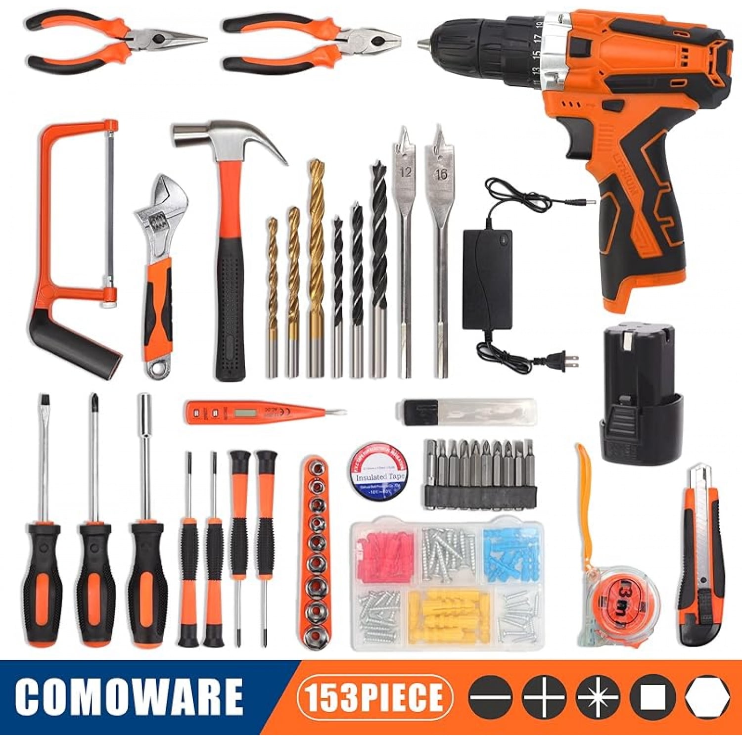 16.8V Cordless Drill Set Combo Kit, 153 Pcs Tool Kit for Home, Professional Household Tool Sets for Men, Basic Tool Kit with Power Drill, Tool Set with Drill for Garden Office Home Repair