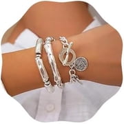 COVE 3‑Pcs Boho Layered Bracelet Set for Women, Stackable Silver‑Tone Beaded Cuban Trendy Jewelry