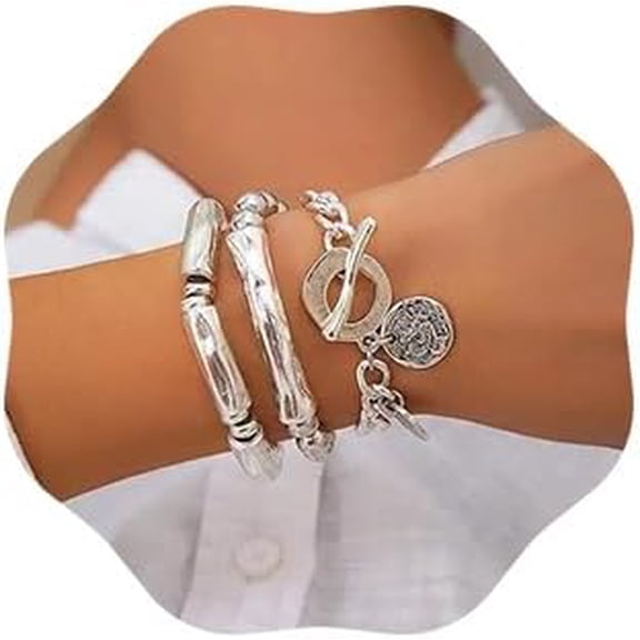Soleilie 3pcs Boho Layered Beaded Bracelets Set for Women Dainty Stretch Elastic Round Ball Beads Tube Chunky Chain Bracelets Stackable Silver Toggle Cuban Link Bracelets Trendy Jewelry