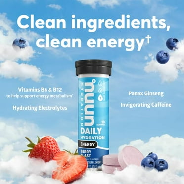 Nuun Hydration Daily Energy Berry Blast, 10 Effervescent Tablets (4 Pack)