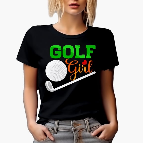 Golf Girl with a Heart, Ball & Club, Golf Player, Golfing or Golfer Themed Merch Gift, Black T-Shirt, Small