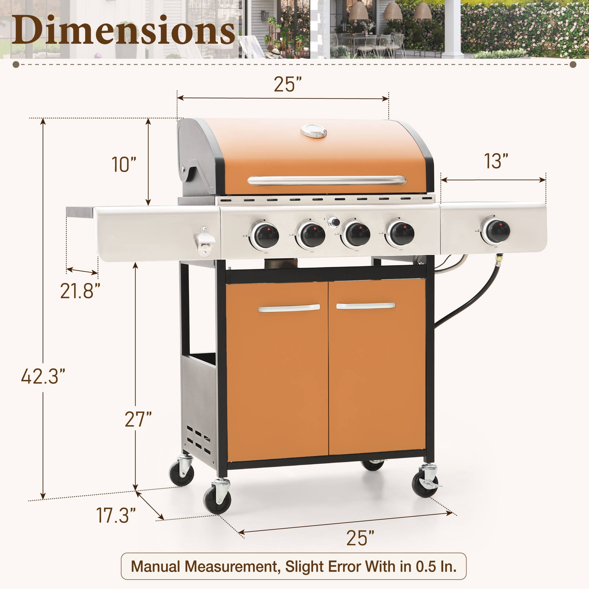 PHI VILLA 4 Burner Propane Gas Grill with Side Burner Stainless Steel, Golden