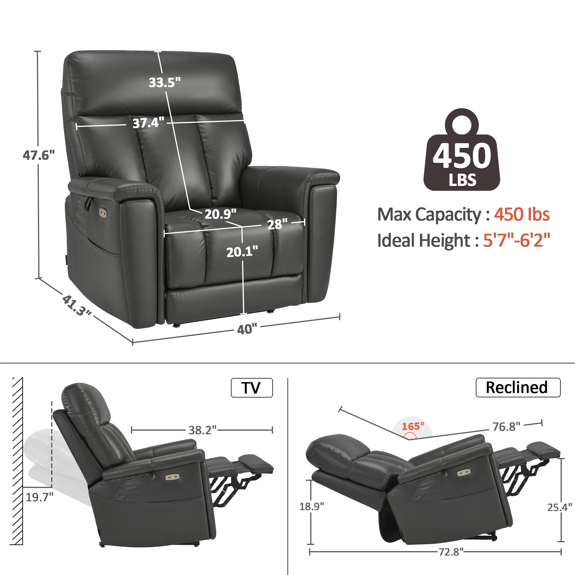 MCombo 450LB Oversized Dual Motor Power Lift Recliner Chair for Big Tall Elderly, Hidden Cup Holders, Faux Leather, Grey