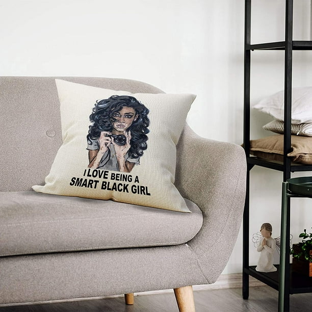 I Love Being a Smart Black Girl Taie d'oreiller, cadeau de fille  afro-américaine Vitiligo, cadeaux de fille, cadeau pour petite-fille, sœur,  housse de coussin en lin noir 45,7 x 45,7 cm pour