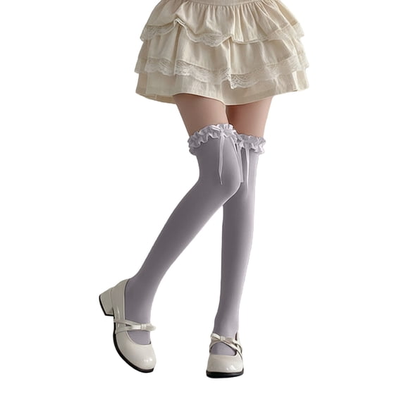 TBWNWG Elegant Lace Bow Thigh High Over The Knee Stockings Seamless Hold Ups for Women,Size One Size