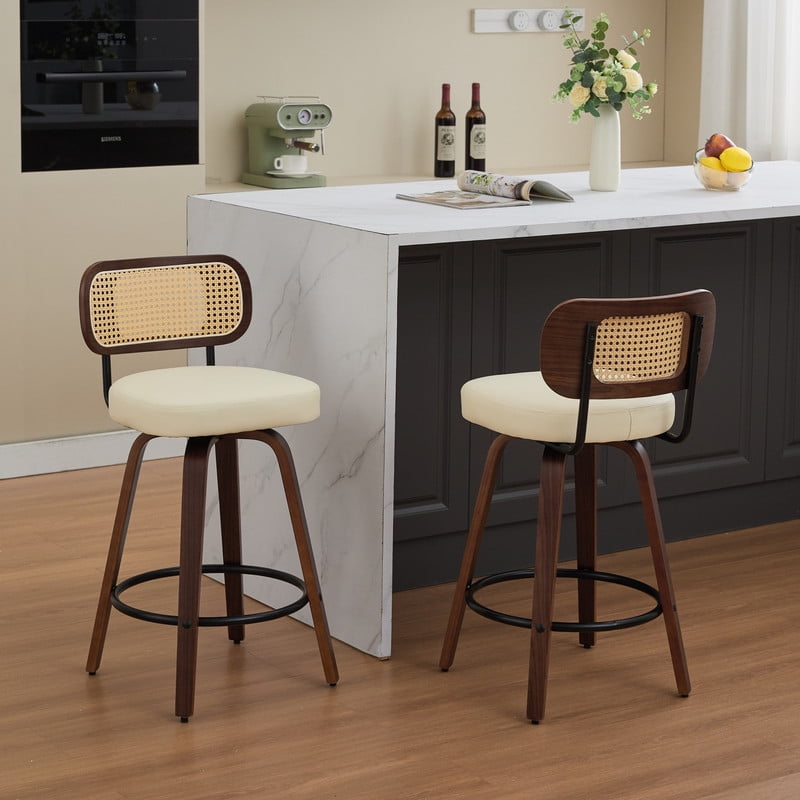 Set of 2 Swivel Upholstered Bar Stools, 26in Counter Height Rattan Backrest Accent Pub Chairs Counter Stools