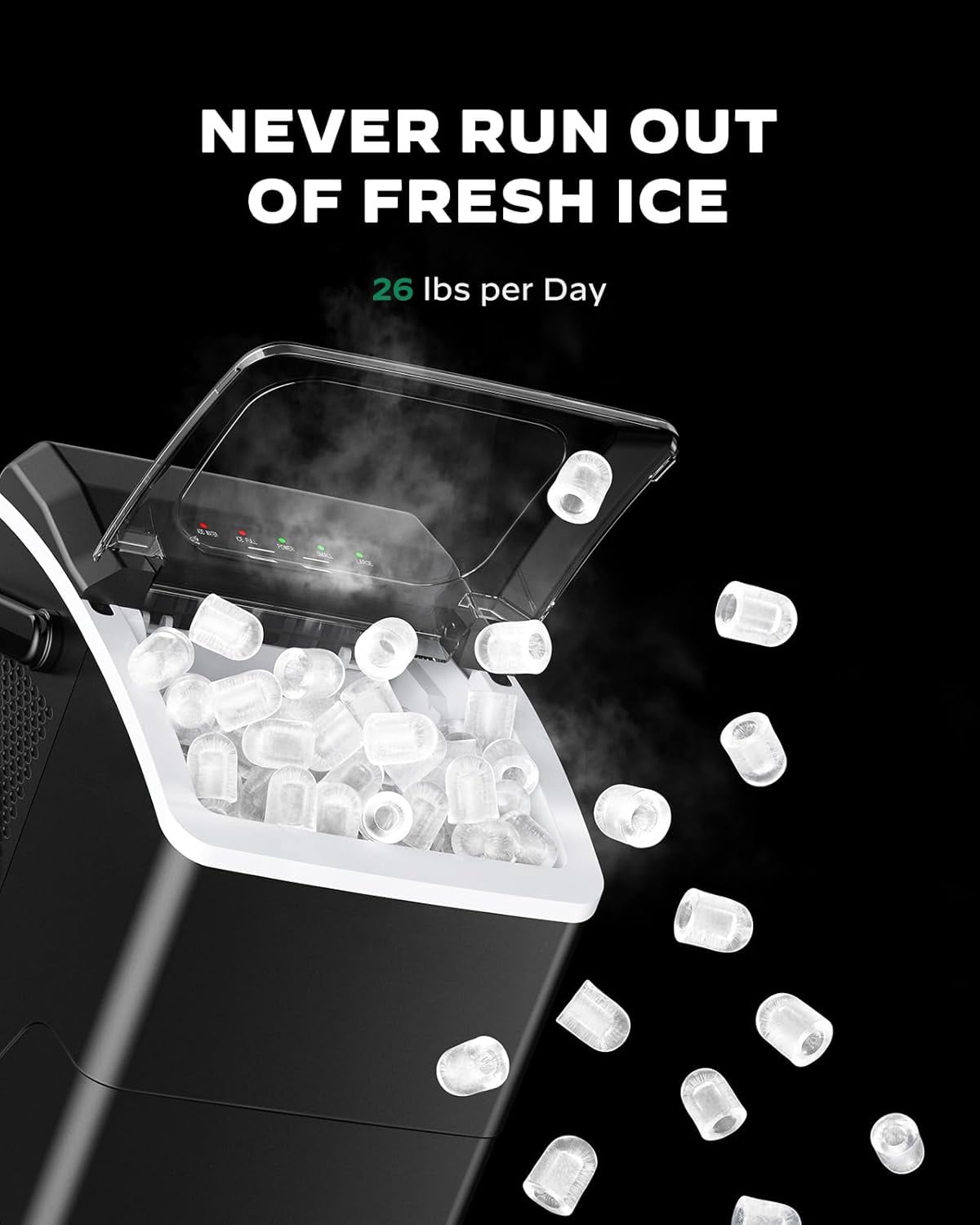 Countertop Ice Maker Machine, 26 lbs Daily, Fast Ice in 6 Minutes, Self-Cleaning, Compact Ice Machine for Home Kitchen Office Parties, Black
