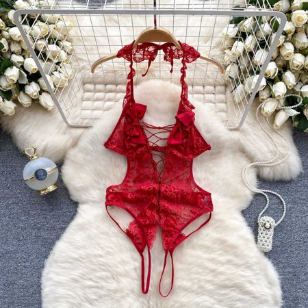 Sexy Transparent Lace Cross Strap Jumpsuit Flower Bow Bodysuit Slim Fit Sweet Erotic Pajama Lingerie Rompers Catsuit Bodycon