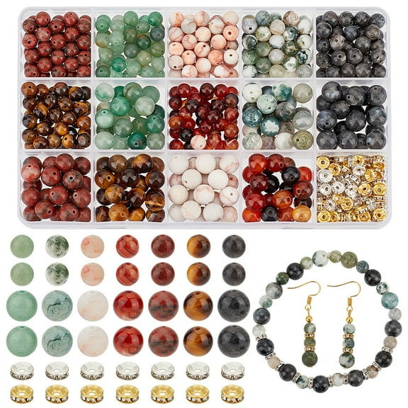 1Box 520pcs Stone Beads Kit for Jewelry Making 14 Styles 6/8mm Natural Gemstone Beads Marble Loose Beads Round Smooth Beads with Iron Rhinestone Spacer Beads for Bracelet Necklace Earring