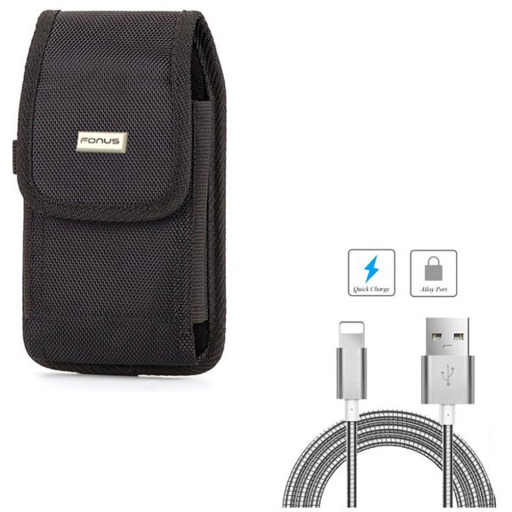 Metal USB Cable w Case Belt Clip for iPhone XS - 6ft Charger Cord Power Wire Long, Rugged Holster Canvas Cover Pouch for iPhone XS