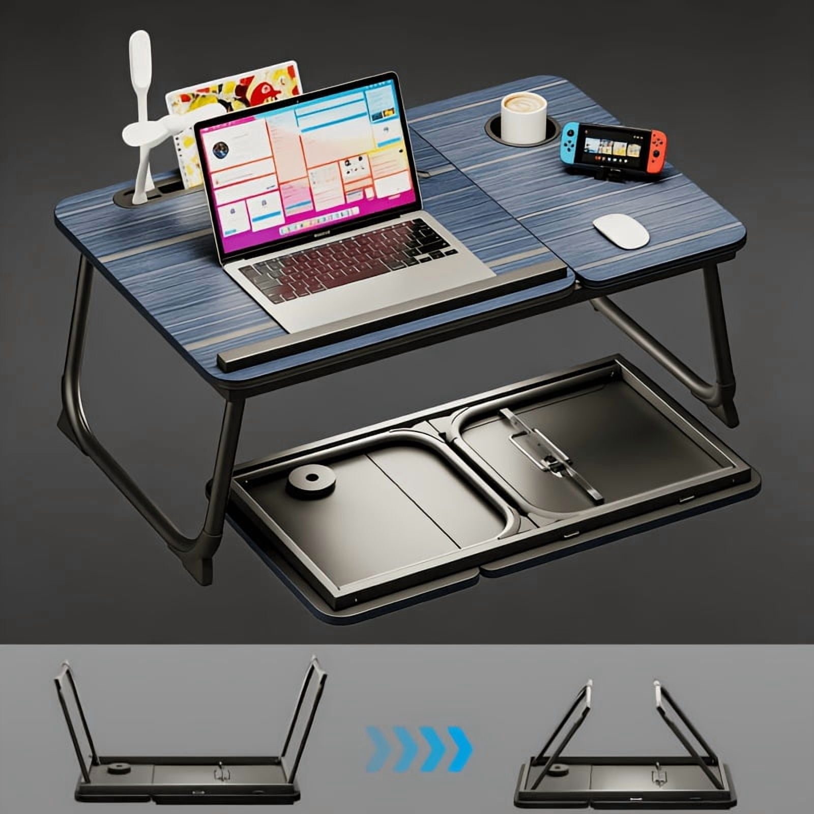 Laptop Bed Table with Foldable Legs, Cup Holder and Tablet Slot, Sofa Floor Tray, Black
