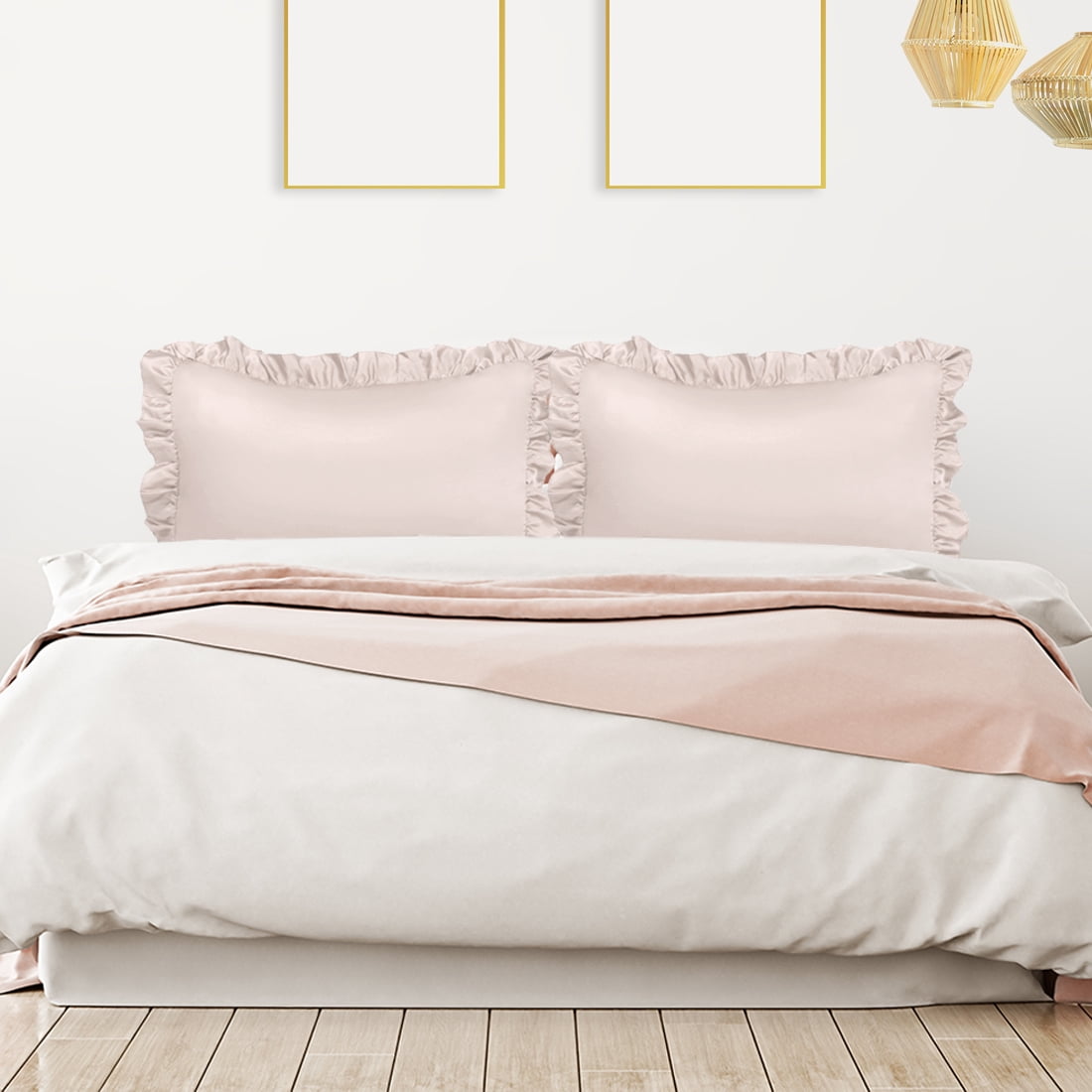Unique Bargains 4-Piece Satin Ruffled Edge Pillow Shams, Standard, Taupe