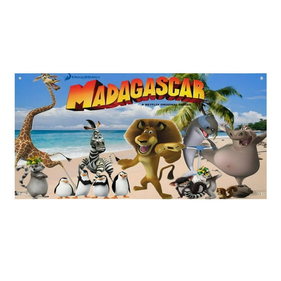 Madagascar-Theme Backdrops Banner Birthday Party Decor Supplies Personalized Party Backdrop Decoration,5x3ft（150x90cm）
