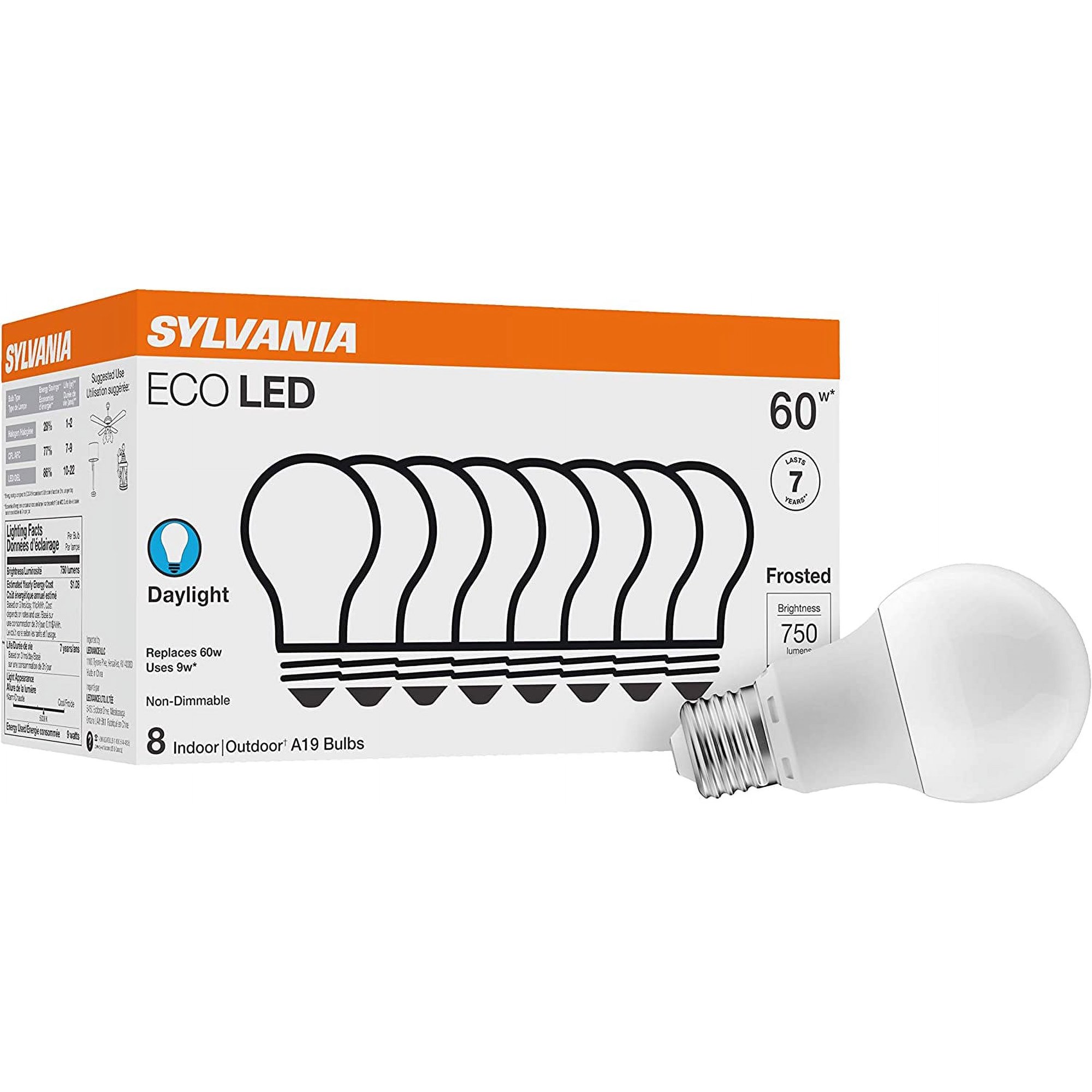 Sylvania ECO LED A19 Light Bulb, 60W Equivalent, Efficient 9W, 7 Year, 750 Lumens, Non-Dimmable, Frosted, 5000K, Daylight - 8 Pack (40883)